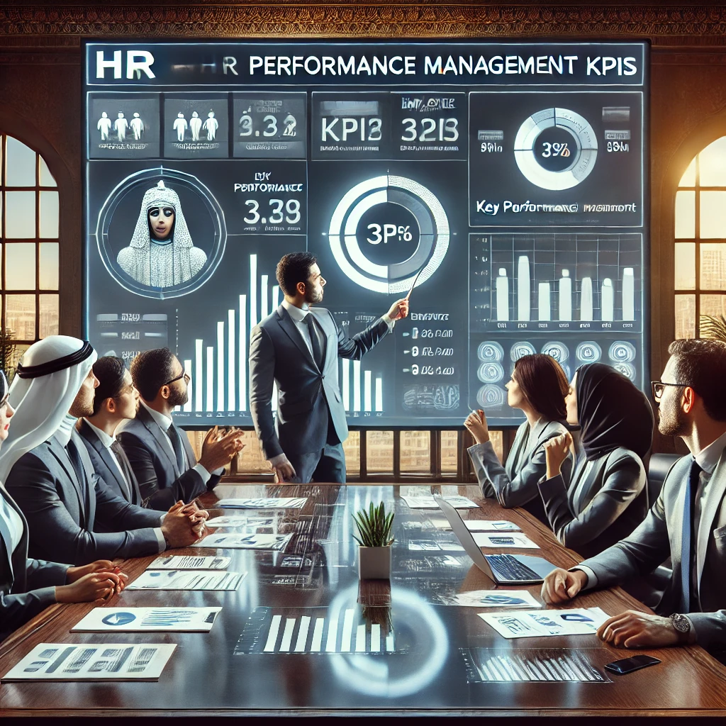 HR professionals analyzing performance management data.