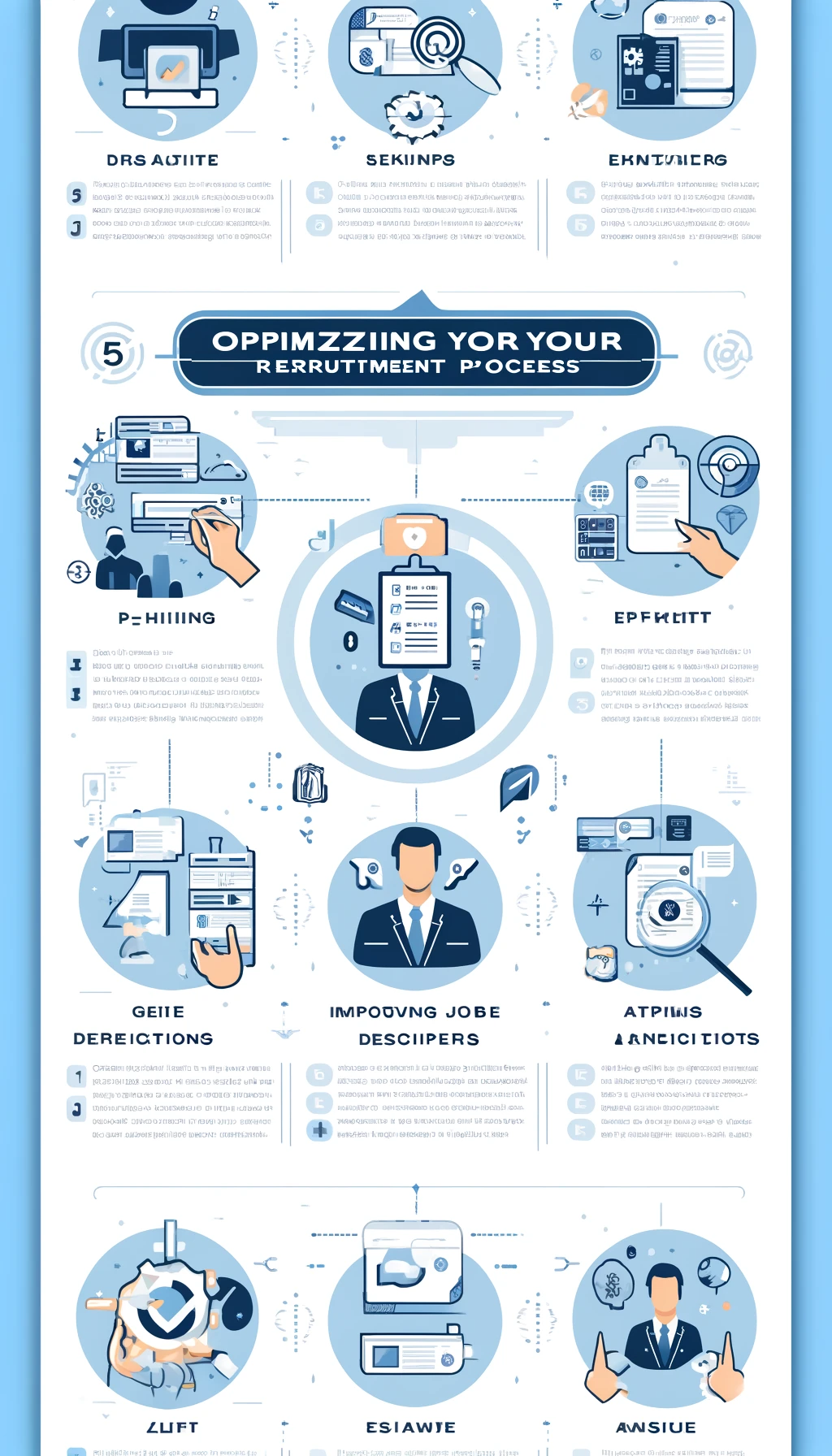 Infographic detailing how to optimize the recruitment process with sections on pre-hiring steps, improving job descriptions, and attracting the right candidates.