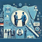 Illustration of recruitment strategies in Egypt with business people shaking hands, magnifying glass highlighting a candidate, and a map of Egypt in the background.