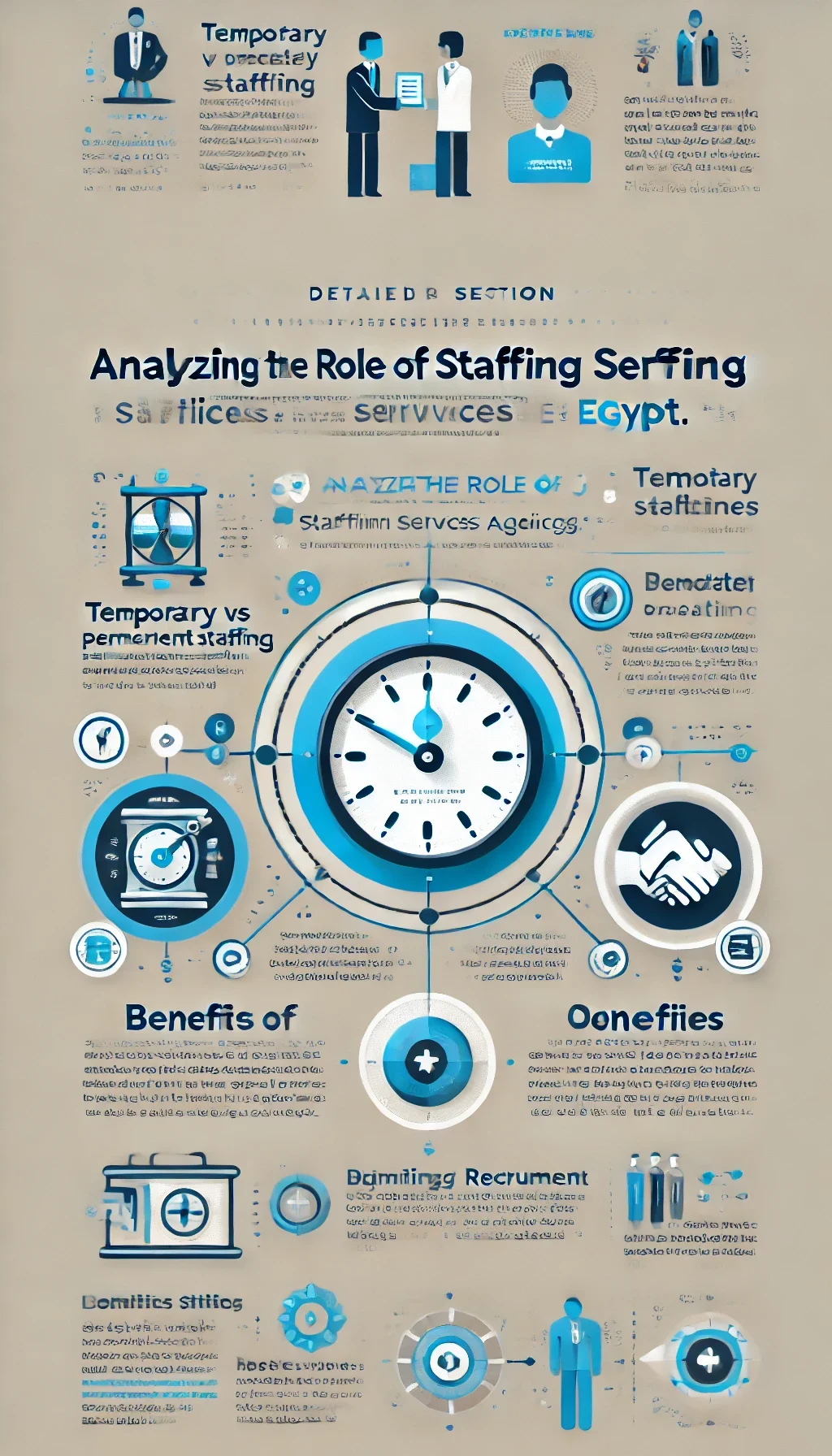 Infographic analyzing the role of staffing services in Egypt, covering temporary vs permanent staffing, benefits of local staffing agencies, and recruitment optimization.