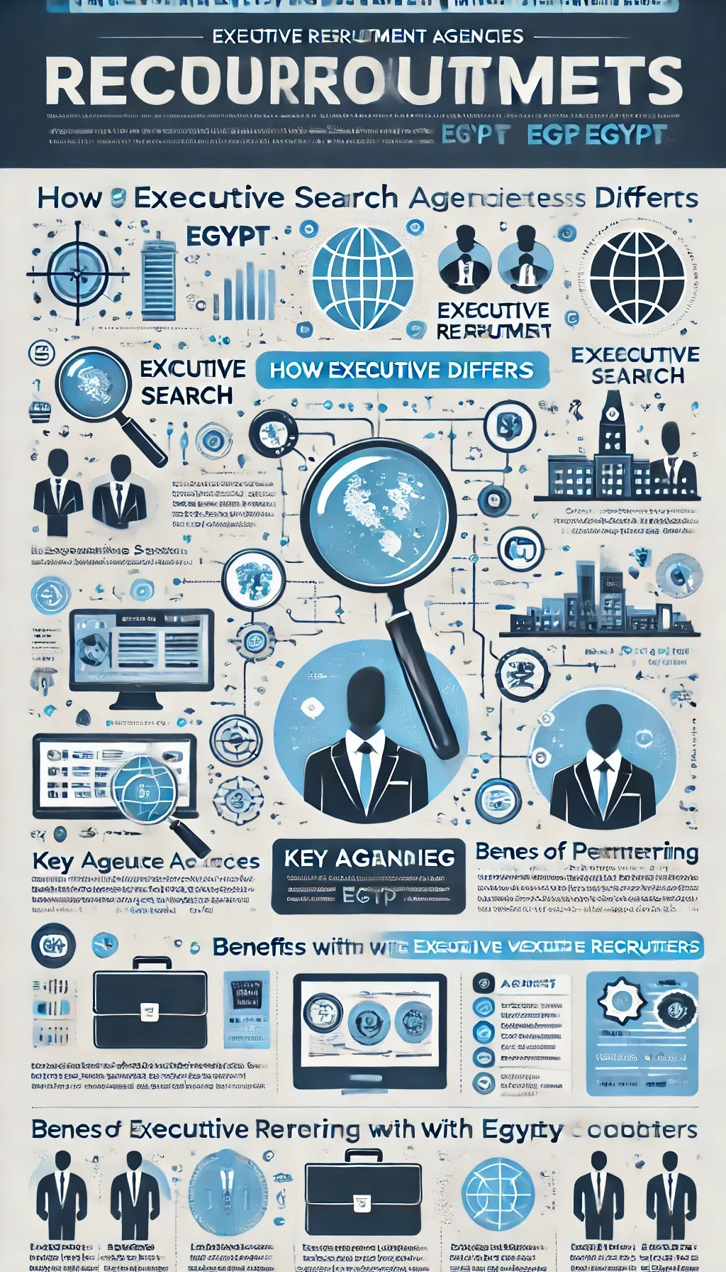 Infographic explaining executive recruitment agencies in Egypt, covering executive search differences, key agencies, and benefits of partnering with recruiters.