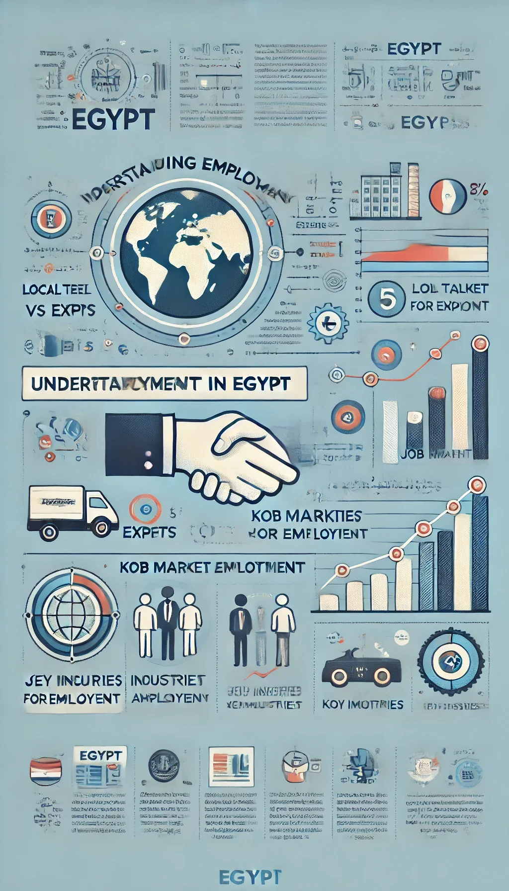 Infographic explaining employment in Egypt, covering local talent vs expats, job market adaptation, and key industries.